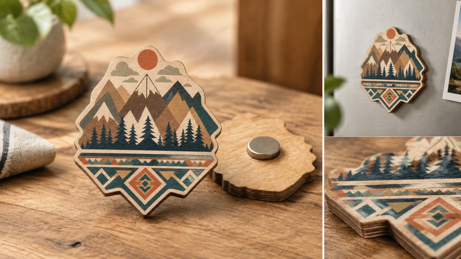 Kolase ilustratif bagian depan magnet kayu, bagian belakang, penempatan di kulkas, dan detail tepi