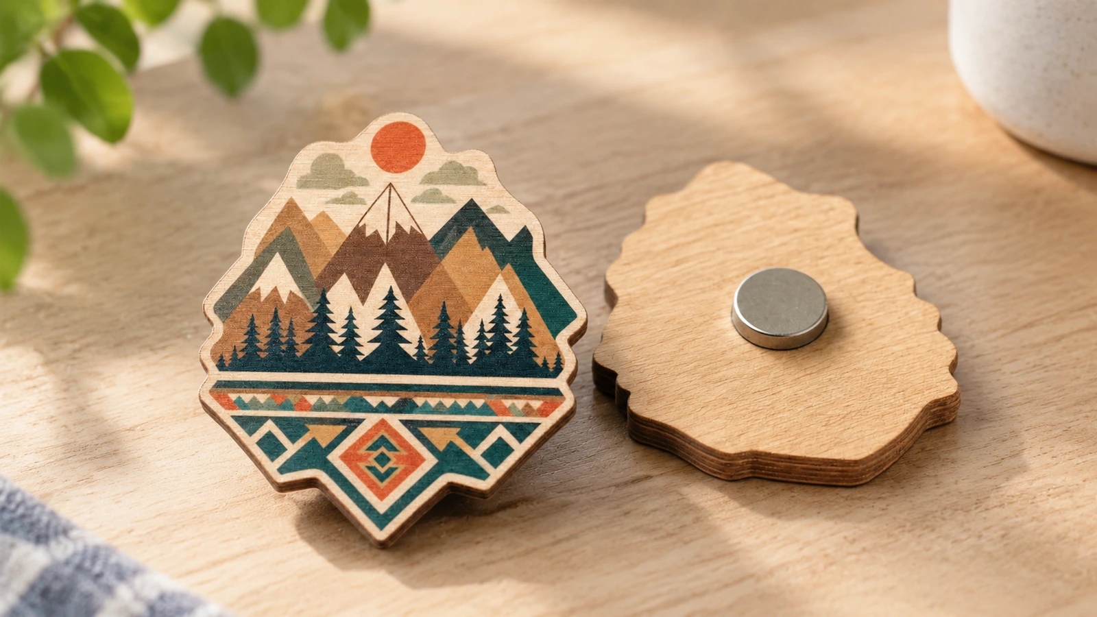 Magnet kayu bermotif gunung dan bagian belakangnya dengan magnet bulat di atas permukaan kayu