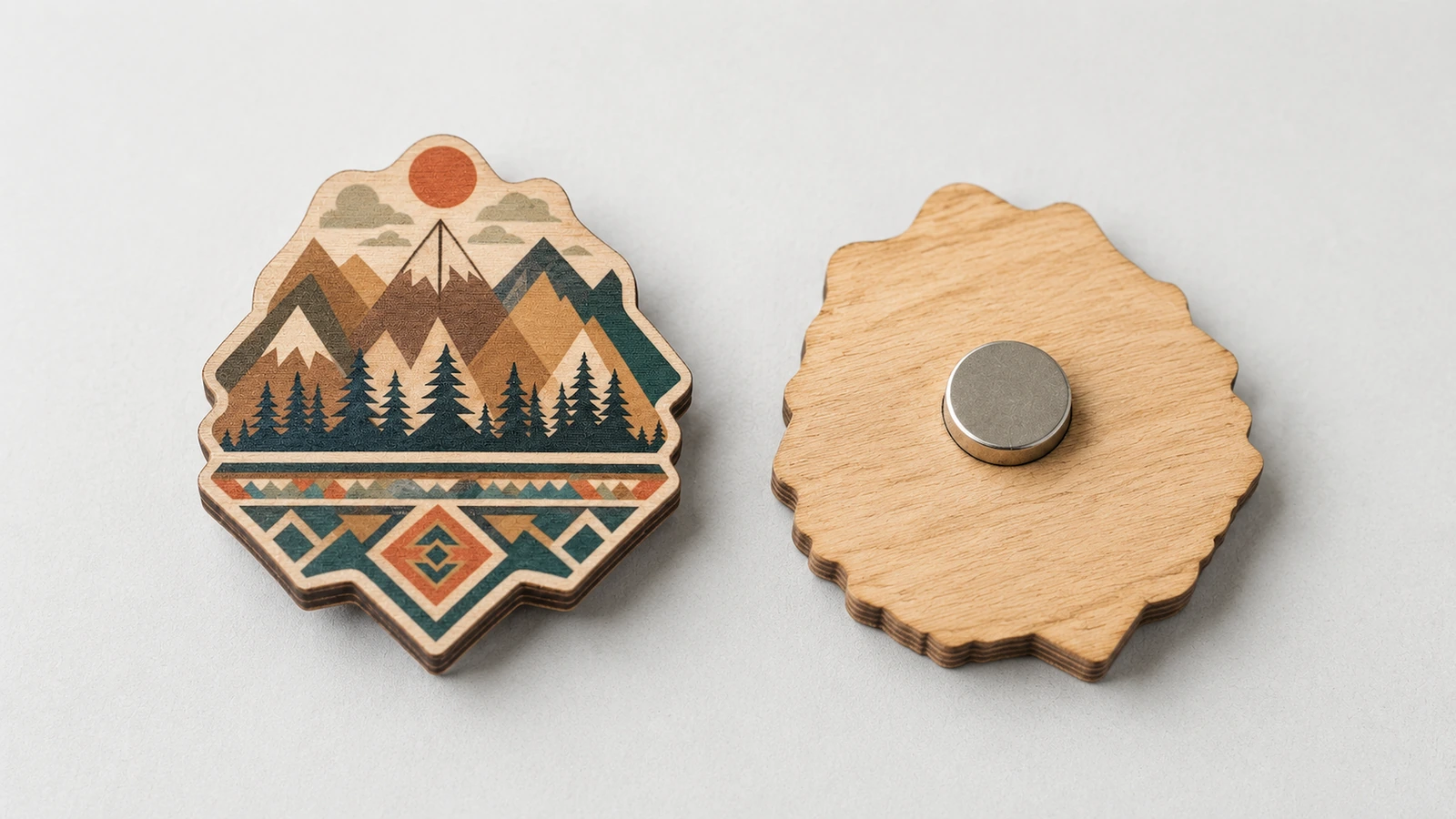 Ilustrasi bagian depan dan belakang magnet kayu bermotif gunung dengan magnet pendukung bulat