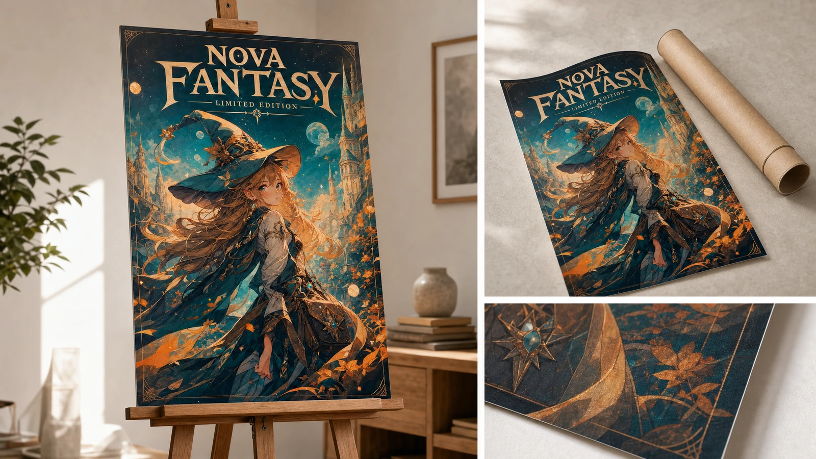 Pajangan poster, kemasan, dan detail cetakan Poster fantasi dipajang di atas easel dengan kemasan sisipan dan tampilan detail cetakan