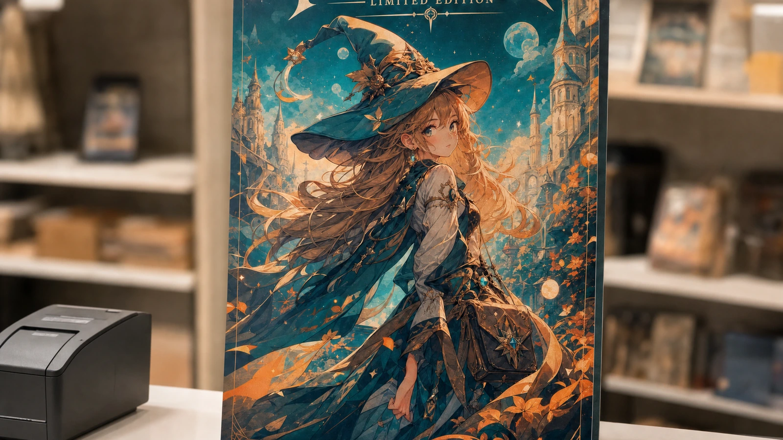 Pajangan konter poster fantasi Poster seni fantasi berdiri tegak di atas konter ritel