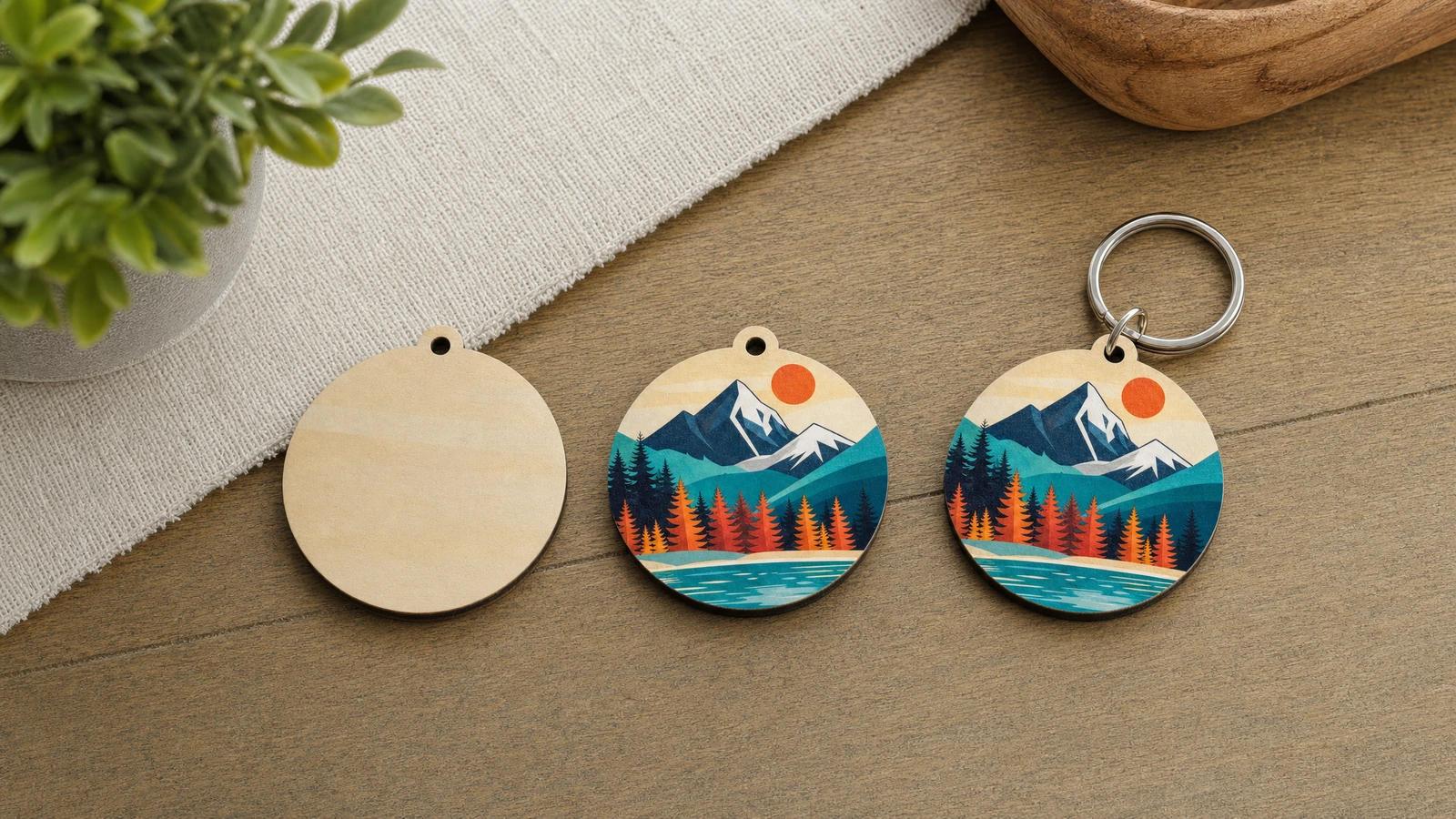 Ilustrasi disk bulat kosong, disk tercetak, dan gantungan kunci berdesain gunung yang sudah dirakit