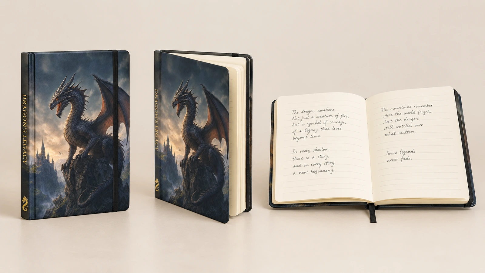 Bentuk buku catatan dan halaman dengan tulisan tangan Ilustrasi buku catatan yang berdiri, setengah terbuka, dan terbuka dengan tulisan tangan di halamannya