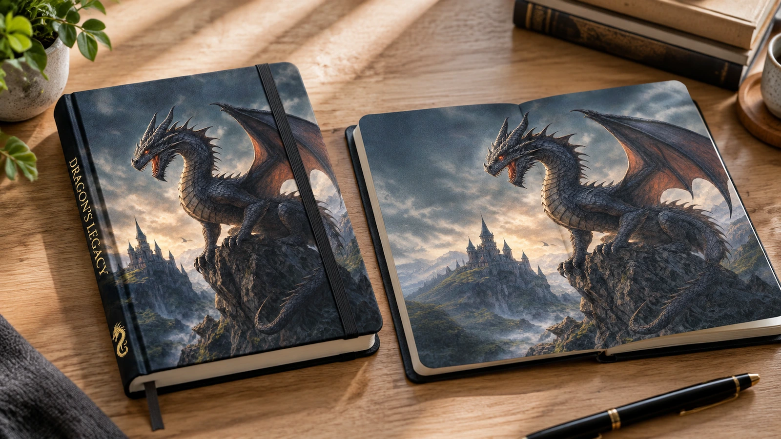 Buku catatan naga dan bentangan halaman bergambar Ilustrasi buku catatan bermotif naga di samping bentangan halaman terbuka bermotif pemandangan dan naga di atas meja kayu