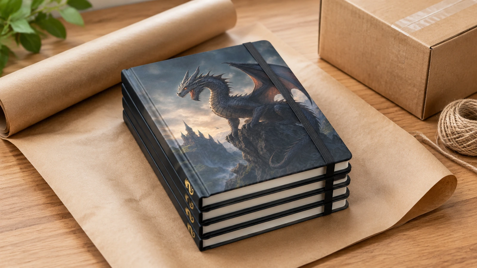 Buku catatan naga dan bahan pengemas Ilustrasi buku catatan bermotif naga yang ditumpuk dengan karet elastis di samping kardus dan kertas kraft