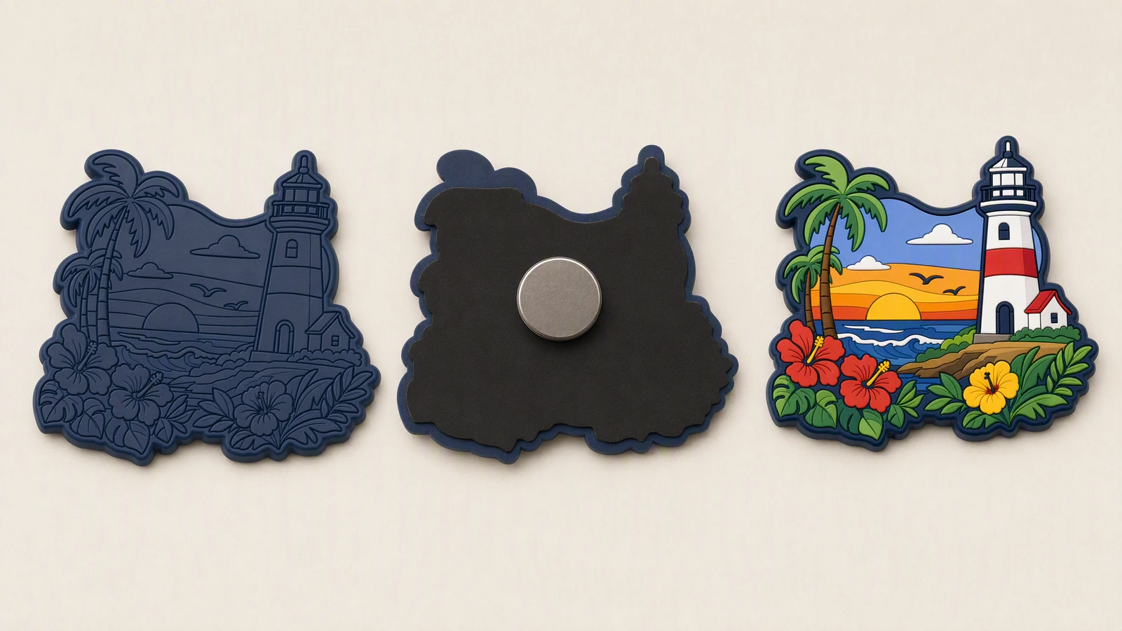 Muka cetak, lapisan belakang, dan desain berwarna Ilustrasi muka cetak yang belum diwarnai, bagian belakang dengan magnet bulat, dan desain berwarna jadi
