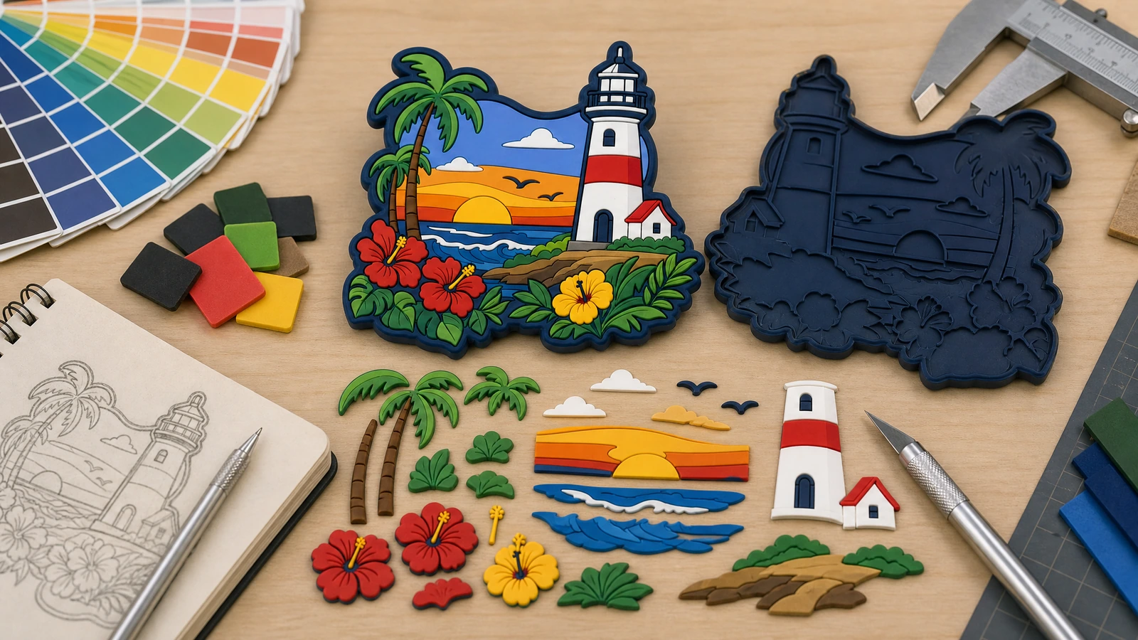 Tampilan desain dan komponen magnet PVC cetak Ilustrasi magnet PVC desain mercusuar yang belum diwarnai pada bagian muka, dengan potongan warna terpisah di samping sketsa dan jangka sorong