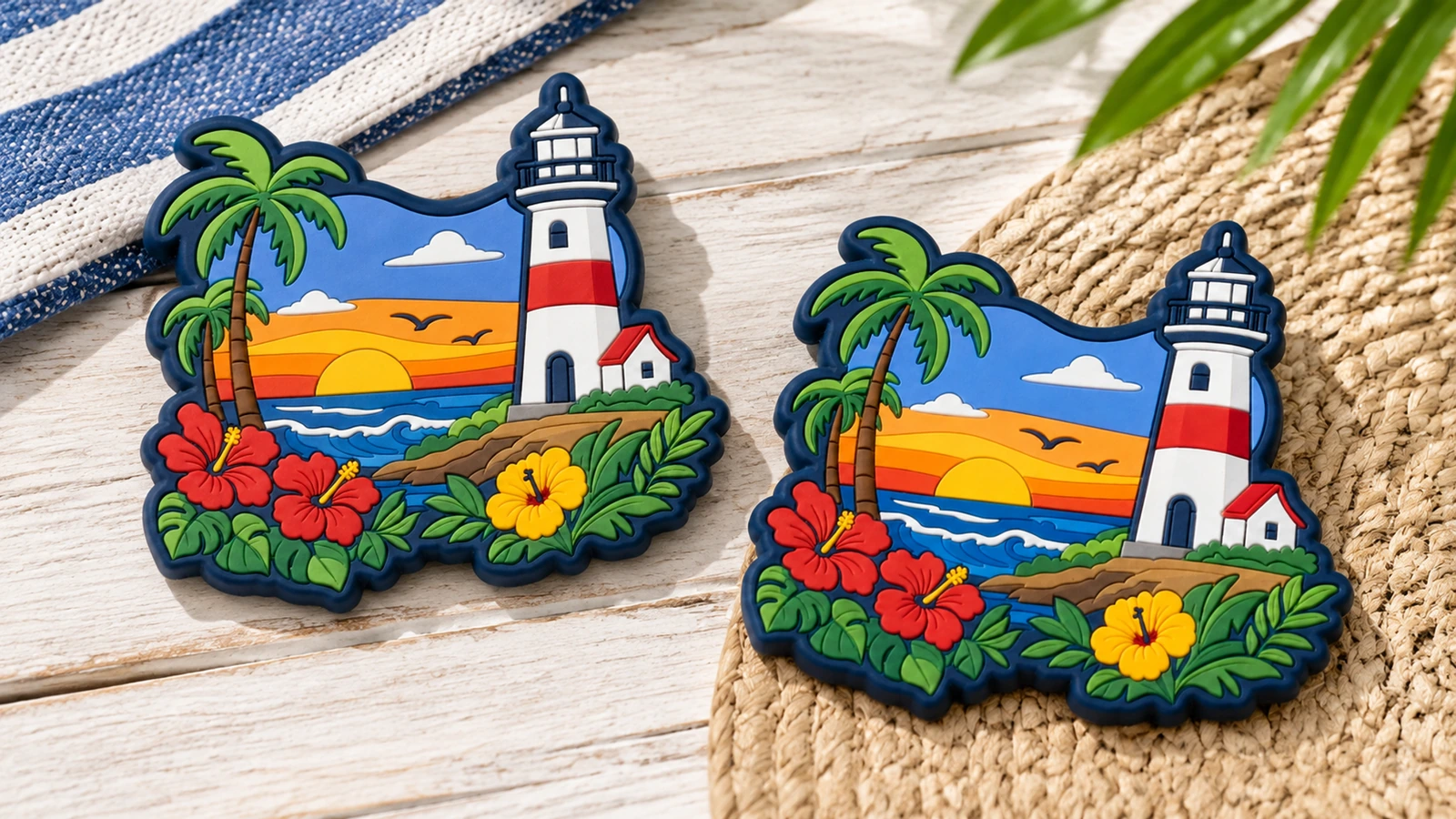 Dua magnet PVC desain mercusuar Ilustrasi sepasang magnet PVC desain mercusuar di atas kayu dan kain tenun