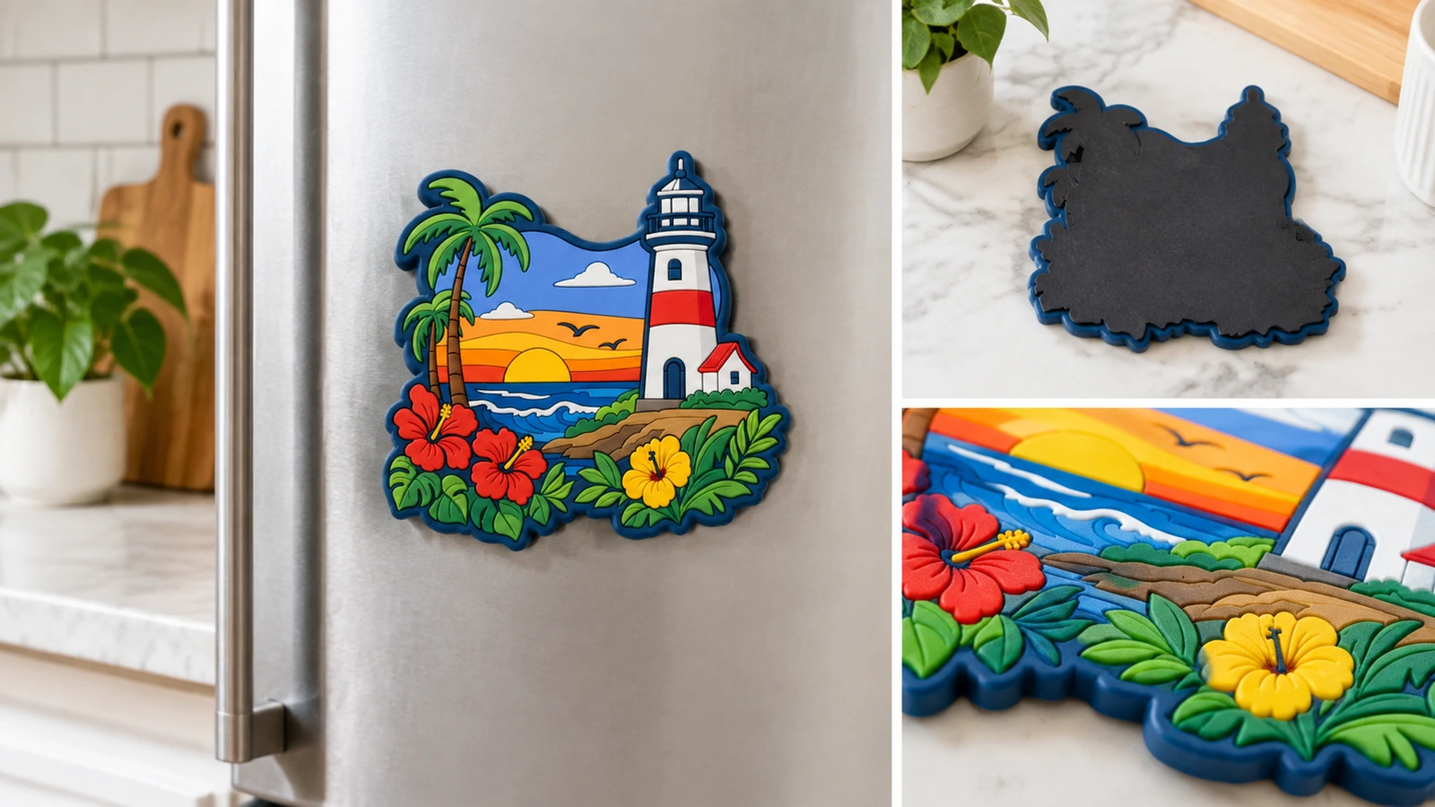 Kolase tampilan magnet PVC dan detailnya Ilustrasi kolase magnet mercusuar di lemari es, bagian belakang, dan detail cetakan