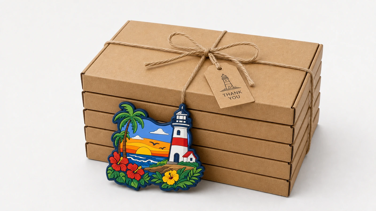 Magnet PVC di samping kotak hadiah Ilustrasi magnet desain mercusuar di samping tumpukan kotak hadiah kraft yang diikat tali
