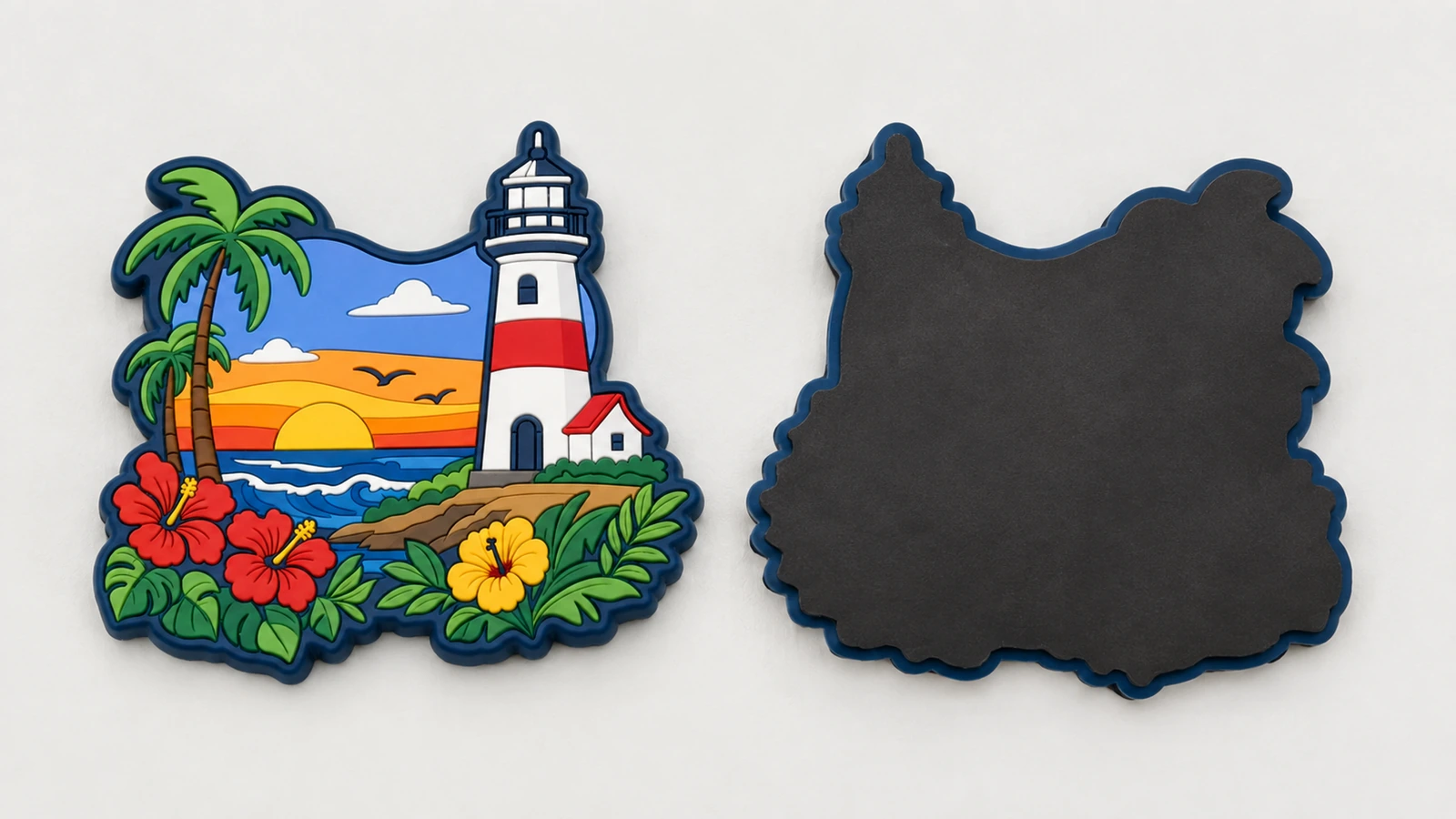 Bagian depan dan belakang magnet PVC lunak Ilustrasi bagian depan magnet desain mercusuar di samping bagian belakang polos berwarna gelap