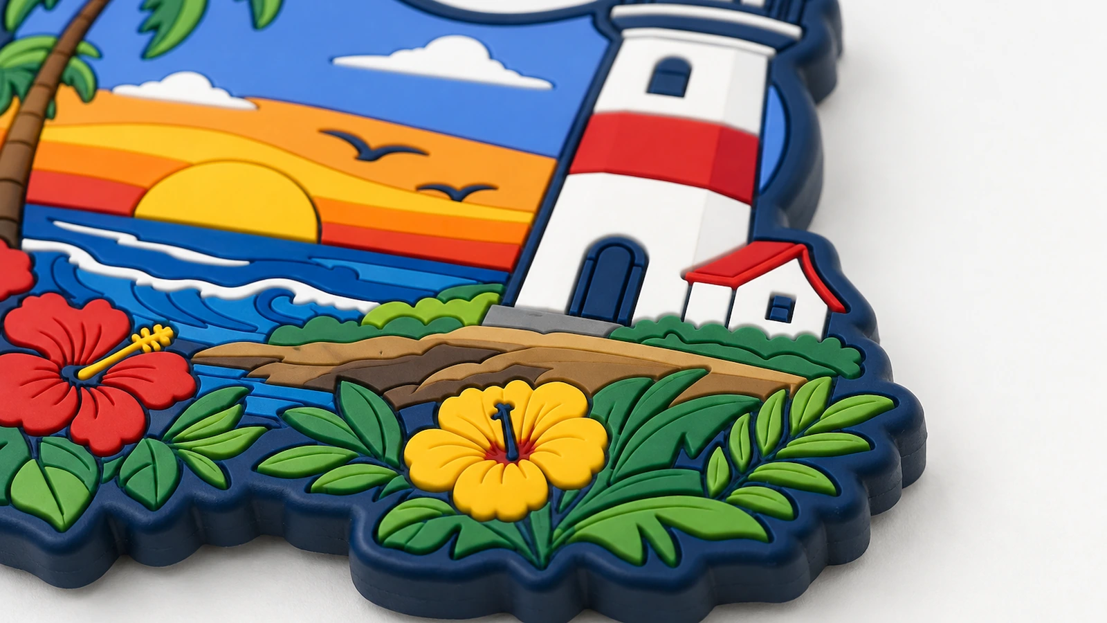 Detail muka PVC cetak Ilustrasi close-up mercusuar timbul, bunga, dan detail matahari terbenam pada magnet PVC