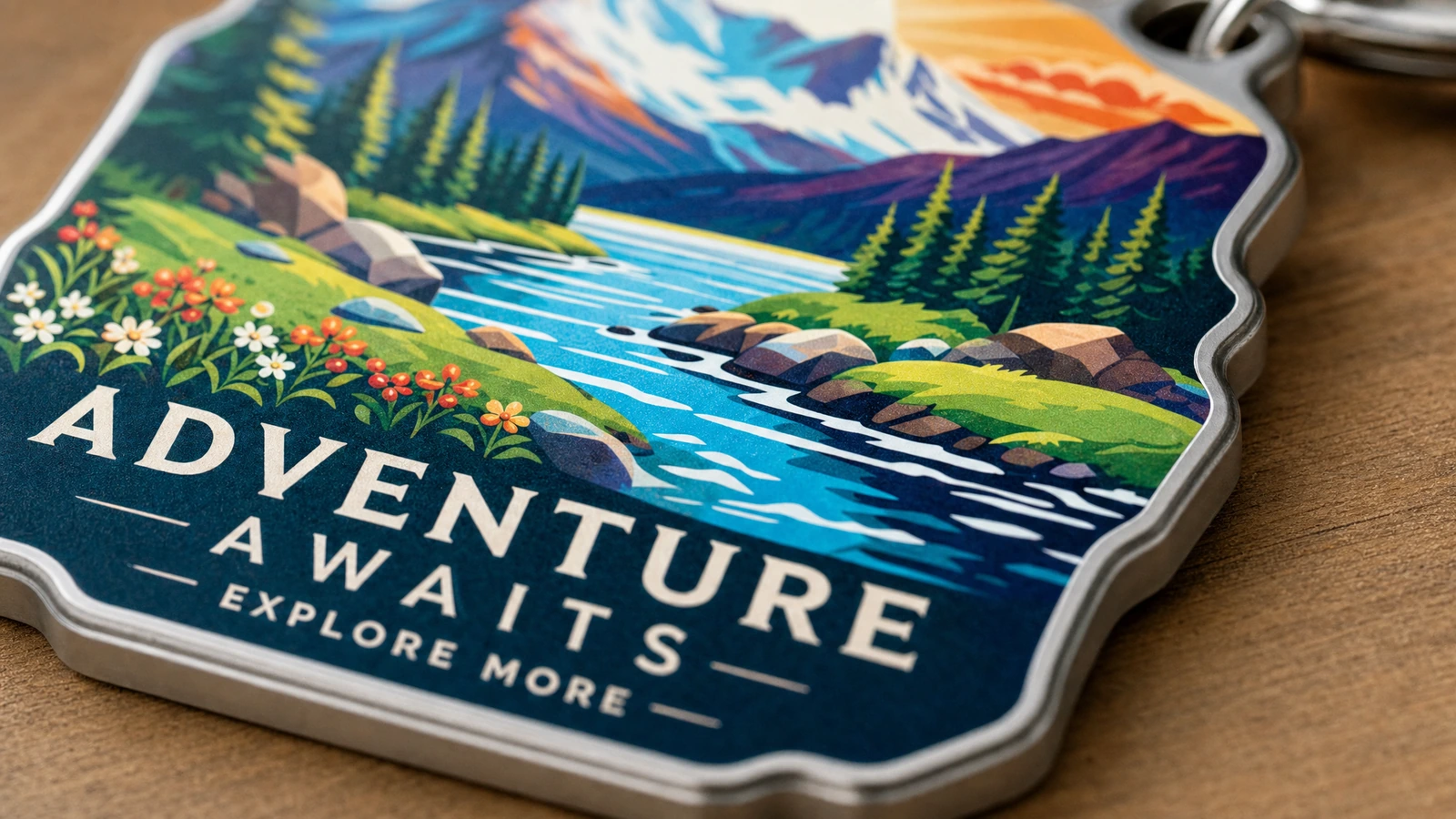 Gambar dekat gantungan kunci lanskap berbentuk yang menampilkan gunung, sungai, dan tulisan “Adventure Awaits”