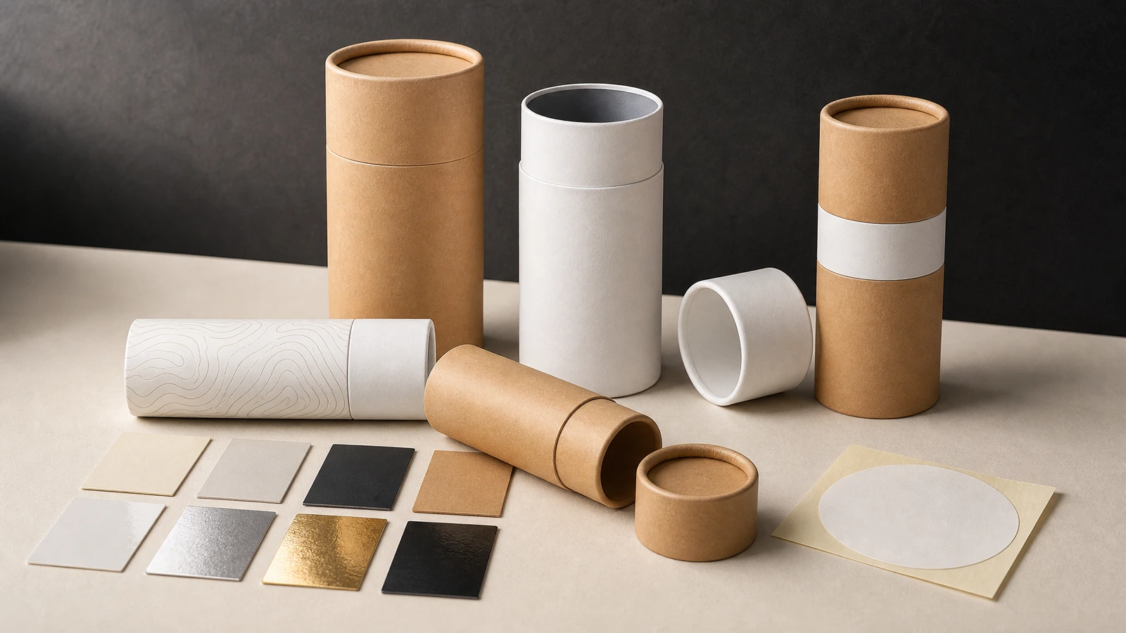 Kotak tabung silinder berwarna kraft dan putih dengan tutup yang dapat dilepas, di samping contoh finishing dan swatch kertas