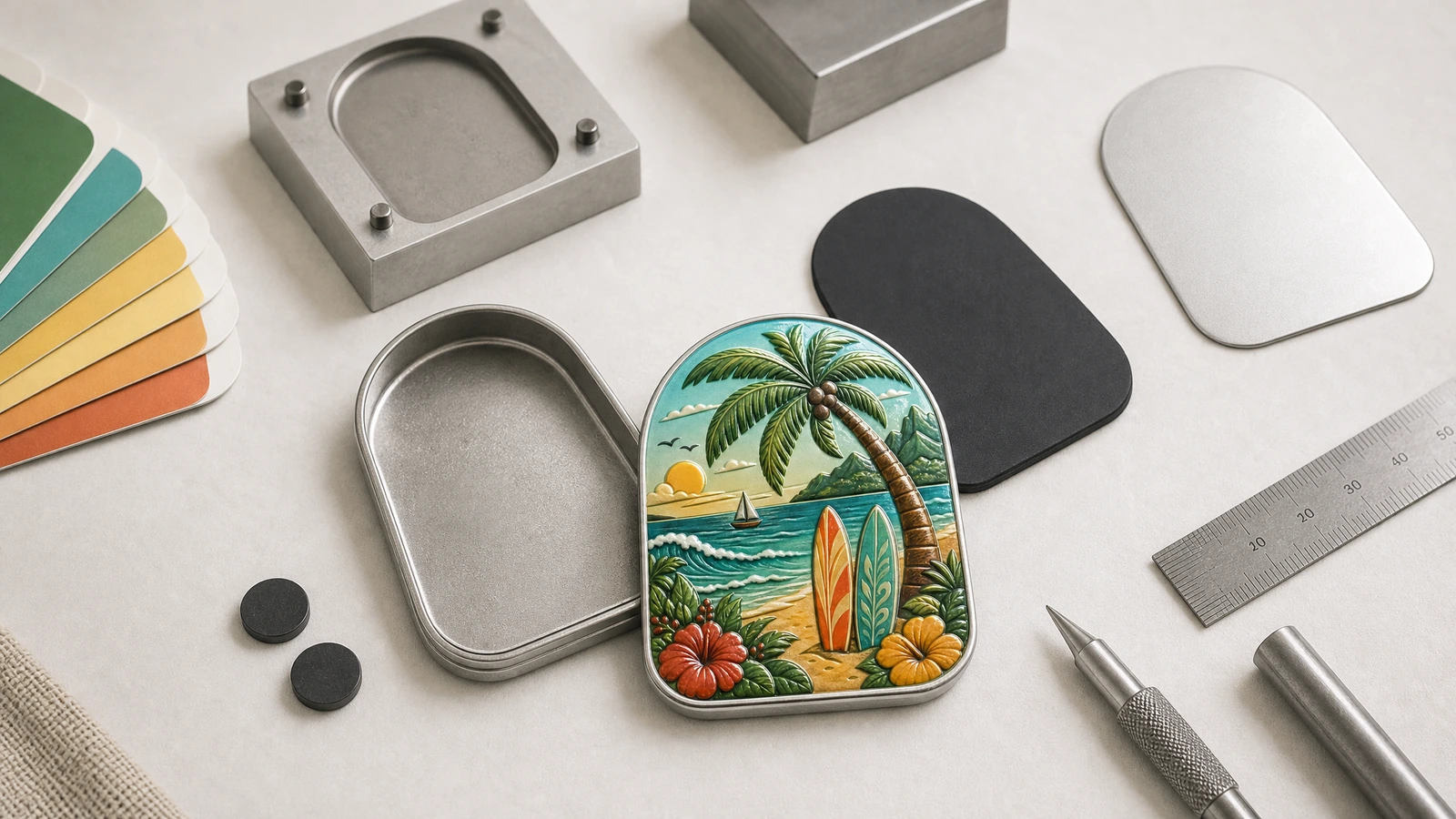 Ilustrasi magnet pelat timah bermotif tropis, bagian logam dan potongan belakang hitam di samping alat desain cetak