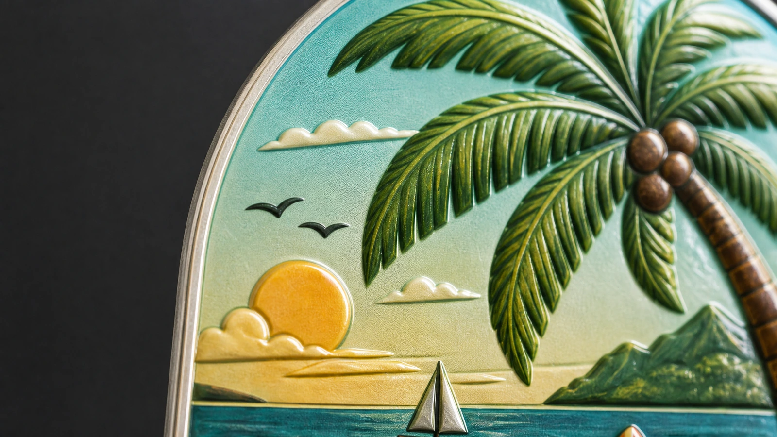 Ilustrasi close-up detail pohon palem, matahari, dan laut yang timbul pada magnet dengan tepi logam
