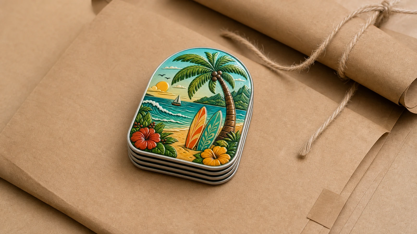 Ilustrasi magnet pelat timah yang ditumpuk di atas kertas kraft pembungkus di samping tali