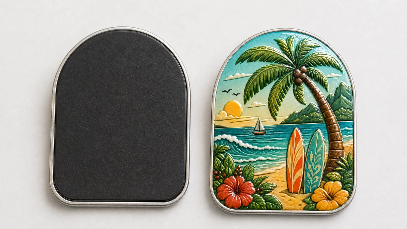 Ilustrasi magnet bermotif tropis dari sisi depan di samping sisi belakang berlapis hitam
