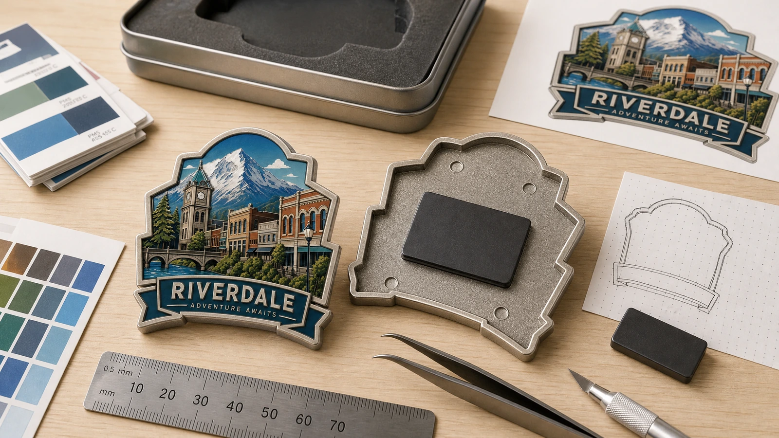 Ilustrasi magnet suvenir Riverdale, bagian belakang, karya seni, dan contoh warna di samping penggaris