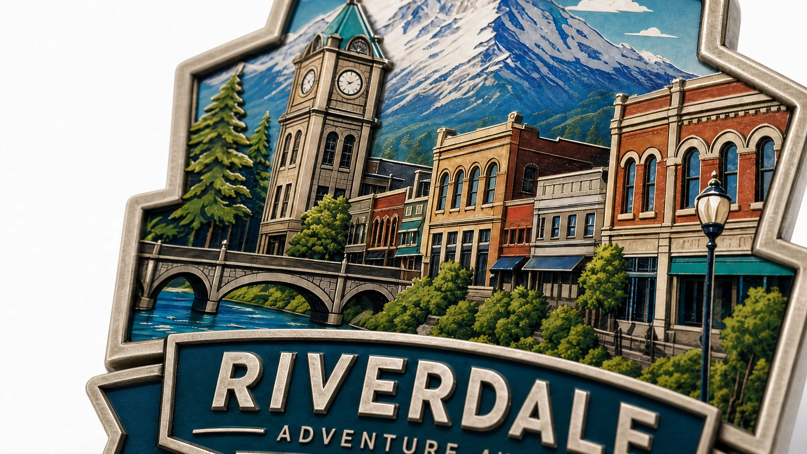 Ilustrasi detail bangunan, karya seni pegunungan, dan tulisan Riverdale pada permukaan magnet