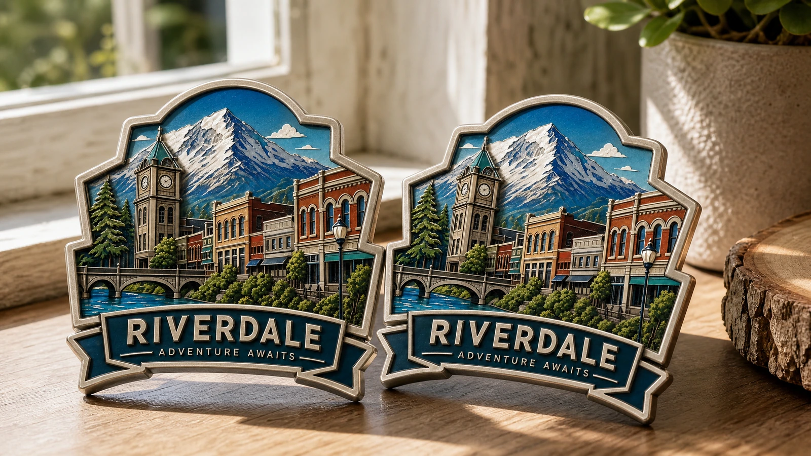 Ilustrasi sepasang magnet suvenir Riverdale di atas ambang jendela kayu