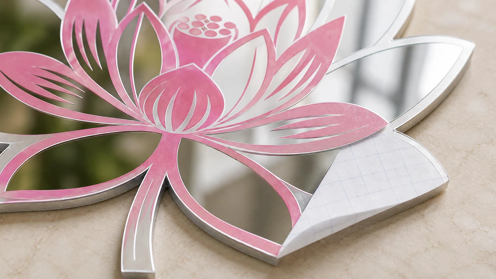 Karya dekal cermin lotus dan detail liner yang terkelupas Tampilan dekat karya lotus merah muda pada dekal cermin dengan sudut liner putih yang terkelupas