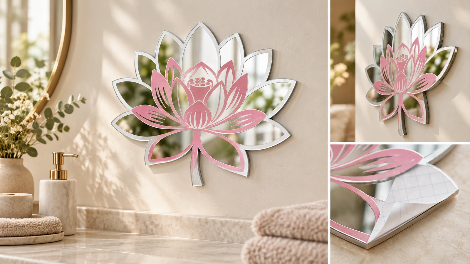Kolase pajangan dan detail dekal cermin lotus Kolase dekal cermin lotus di dekat wastafel dan cermin bulat, dengan detail tampak samping dan liner yang terkelupas
