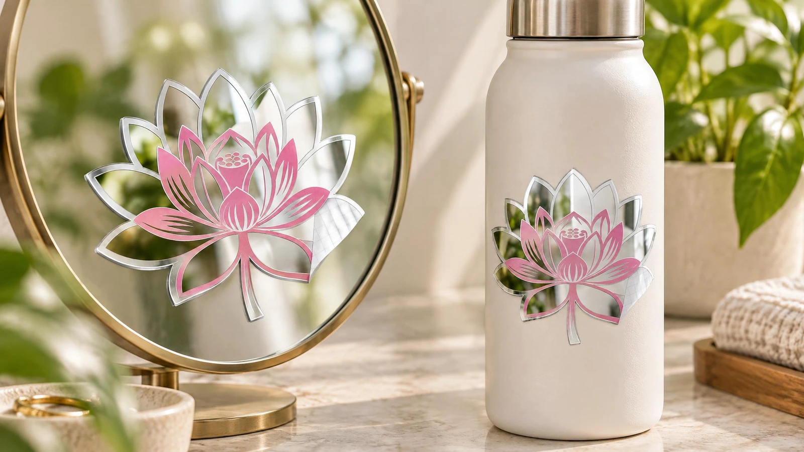 Contoh penerapan dekal cermin lotus Dekal lotus merah muda dan perak dipajang di atas cermin meja dan botol putih