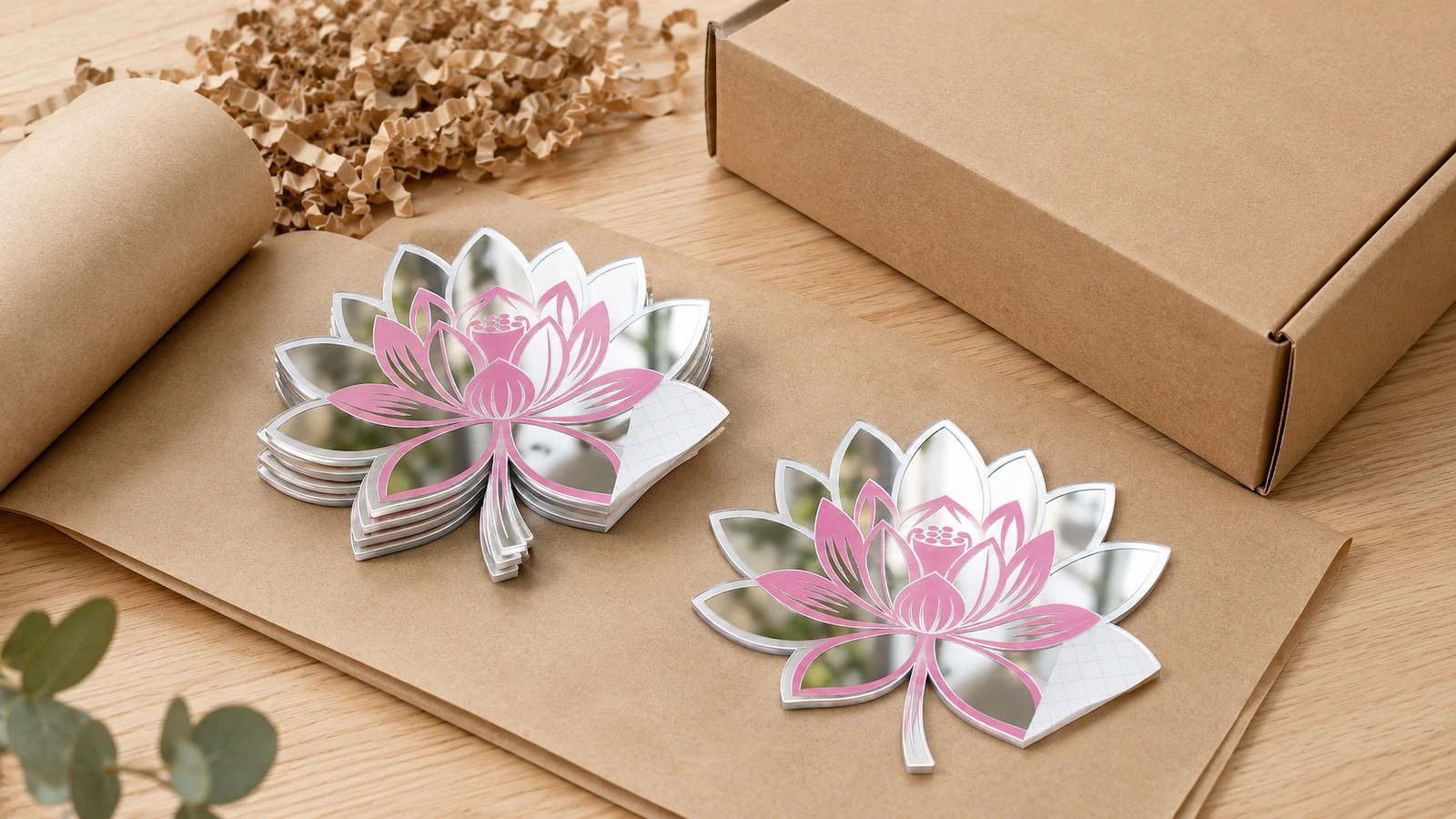 Dekal cermin lotus di samping bahan kemasan Dekal cermin lotus lepas dan bertumpuk di atas kardus, di samping kotak kraft terbuka dan bahan kemasan kertas