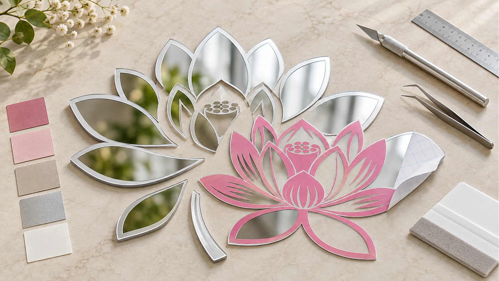 Dekal cermin lotus dengan contoh warna dan alat pemotong Dekal cermin lotus perak dengan detail bunga merah muda di samping contoh warna, penggaris, dan pisau pemotong di atas meja