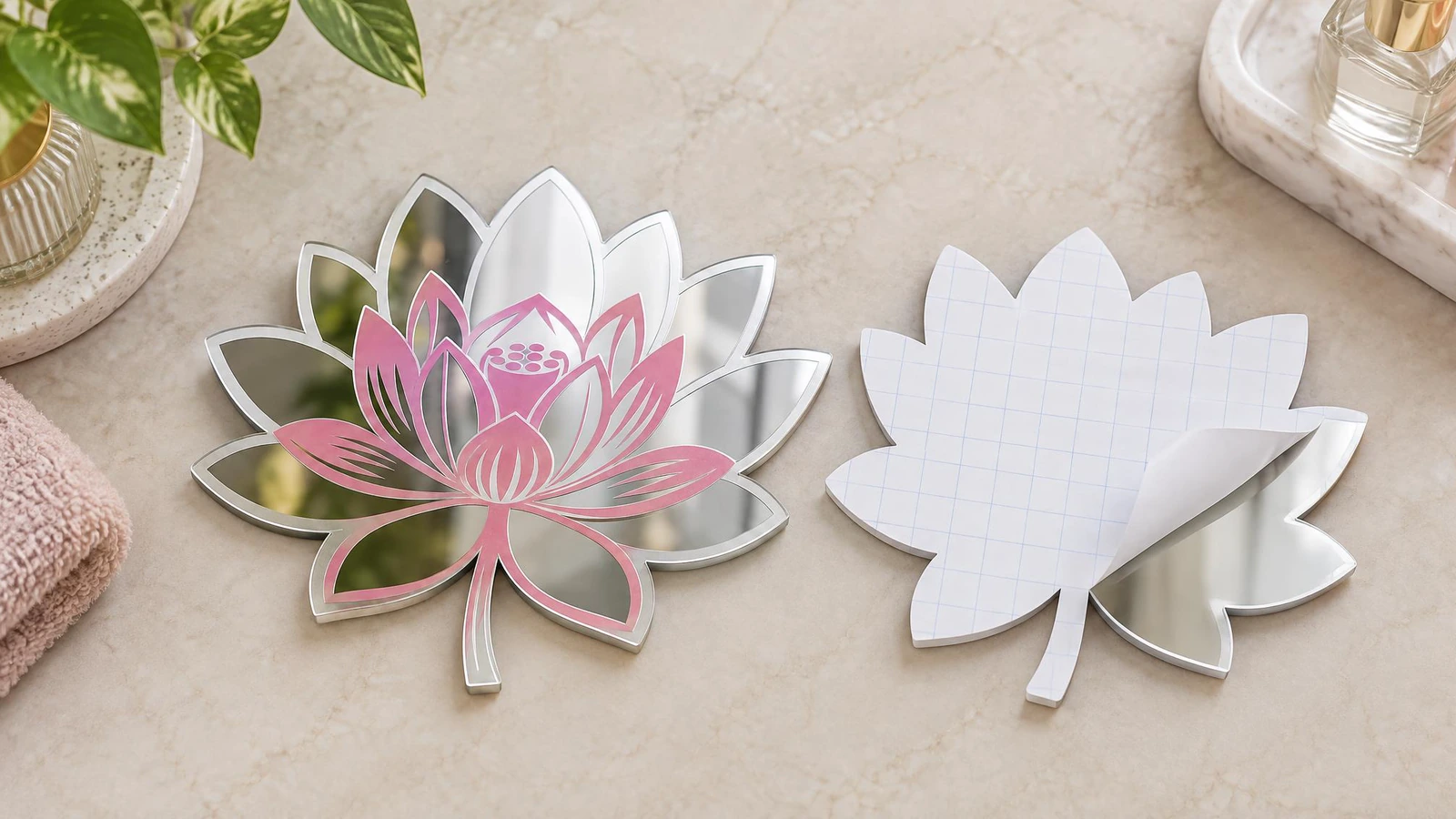 Permukaan reflektif dan lembar pendukung putih dari dekal cermin lotus Dekal cermin berbentuk lotus yang memperlihatkan permukaan reflektif dan lembar pendukung putih, dengan sudut liner yang terkelupas