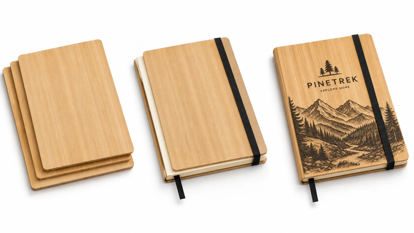 Papan sampul polos di samping buku catatan tanpa dekorasi dan buku catatan berdesain gunung