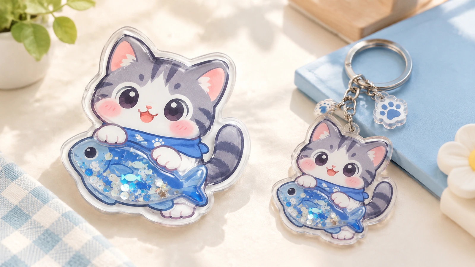 Stiker shaker kucing dan ikan di samping gantungan kunci serupa yang lebih kecil di atas meja