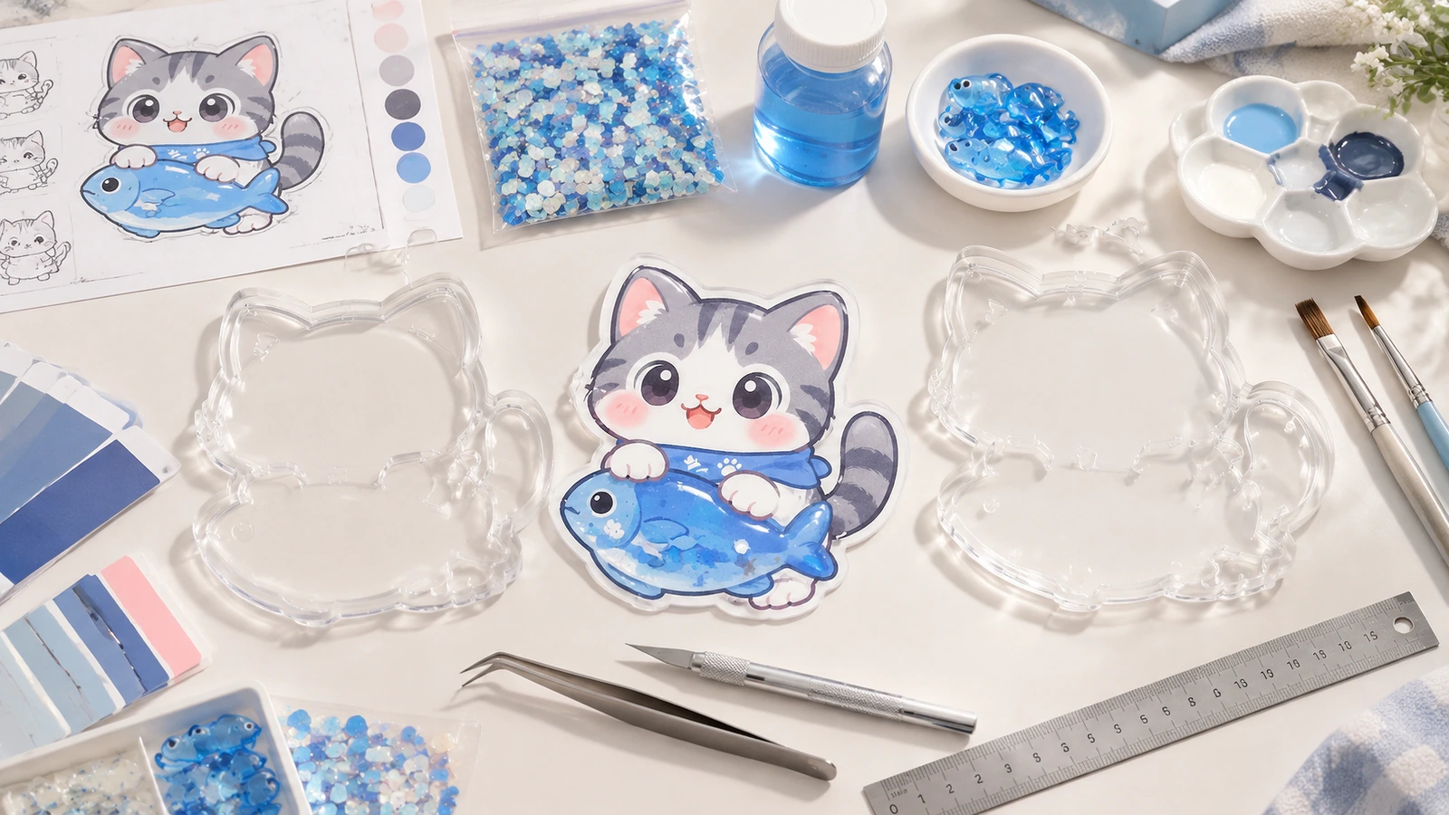 Karya seni stiker shaker kucing dan ikan dengan cangkang blister bening, sekuin biru, contoh warna, dan alat kerajinan di atas meja