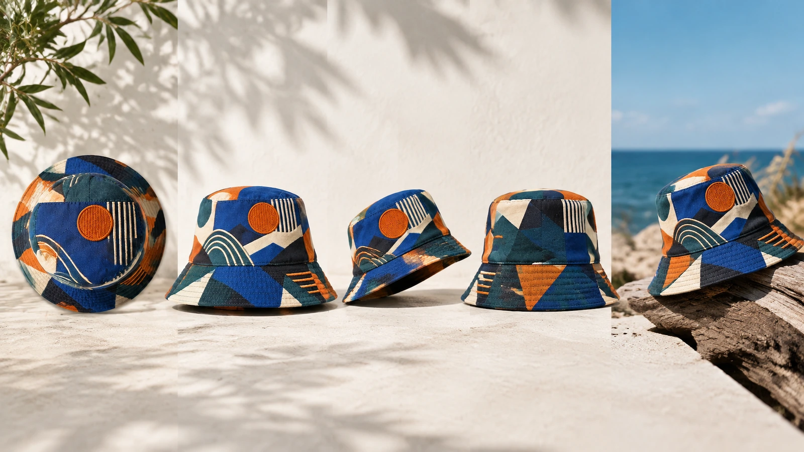 Kolase bucket hat bermotif yang ditampilkan datar, berdiri tegak, dan di tepi laut