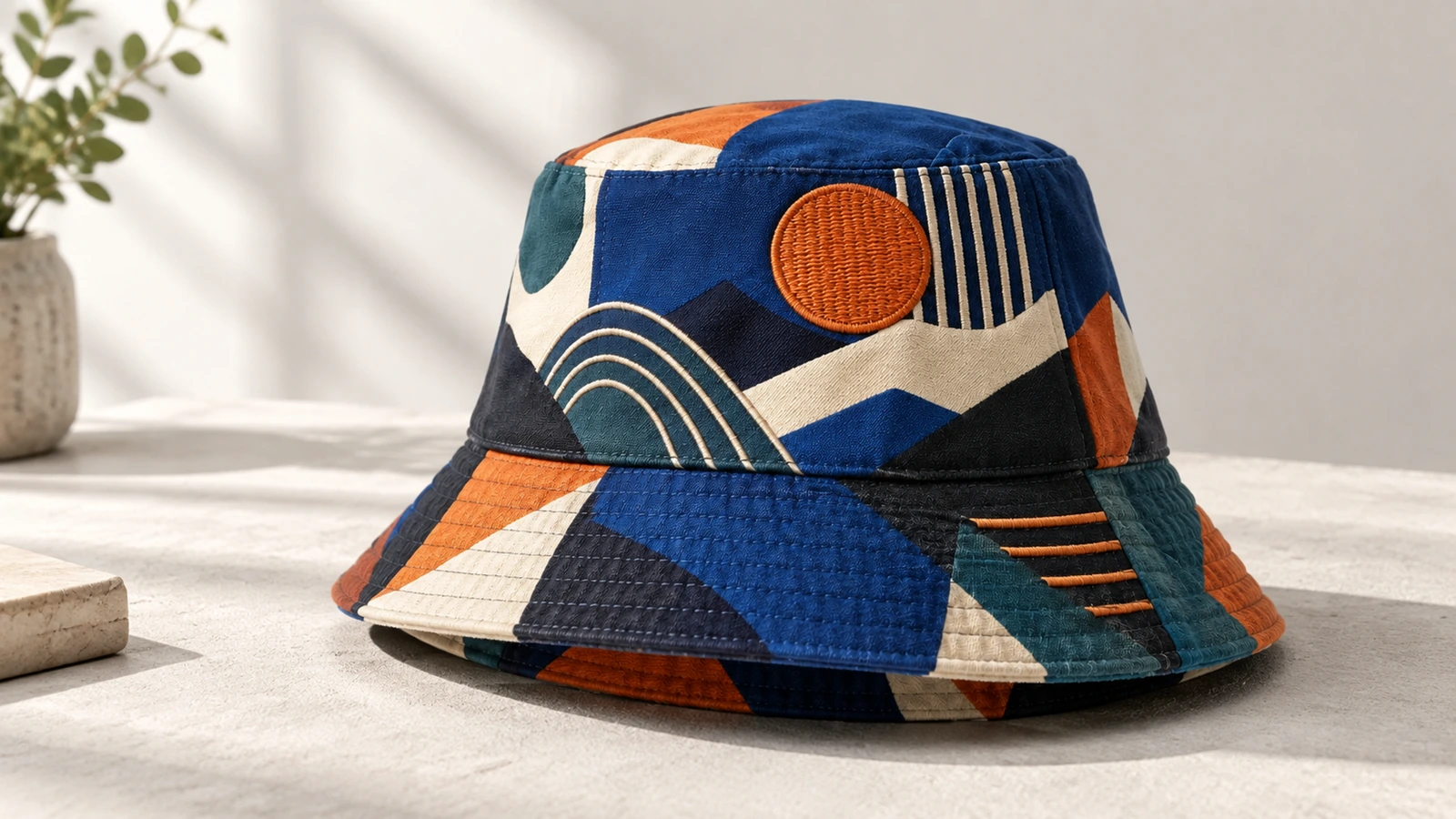 Bucket hat bermotif dipajang di atas permukaan berwarna terang