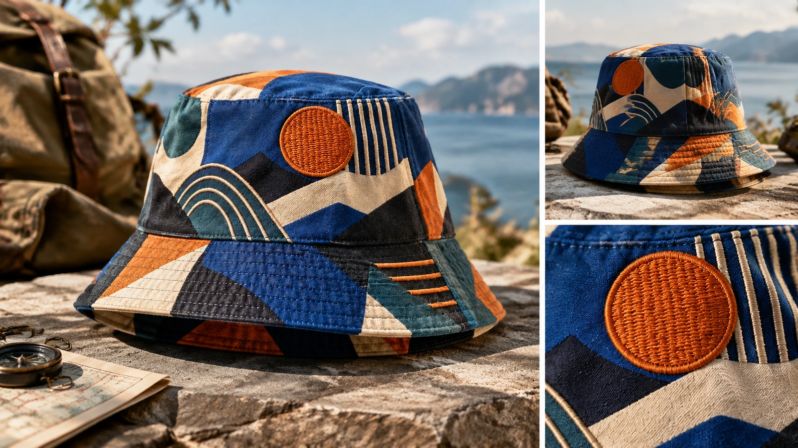 Kolase bucket hat di luar ruangan dengan tampak belakang dan close-up bordir