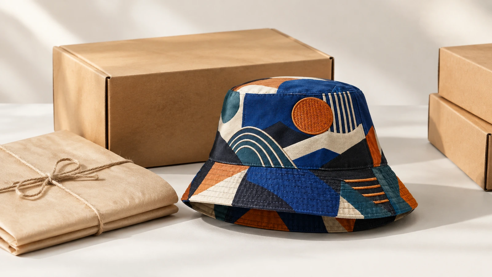 Bucket hat bermotif di samping kotak kardus dan paket yang dibungkus kertas