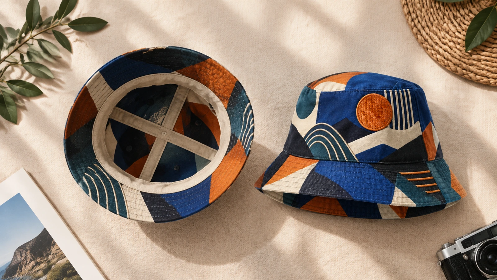 Tampak luar dan dalam bucket hat bermotif biru, oranye, dan krem