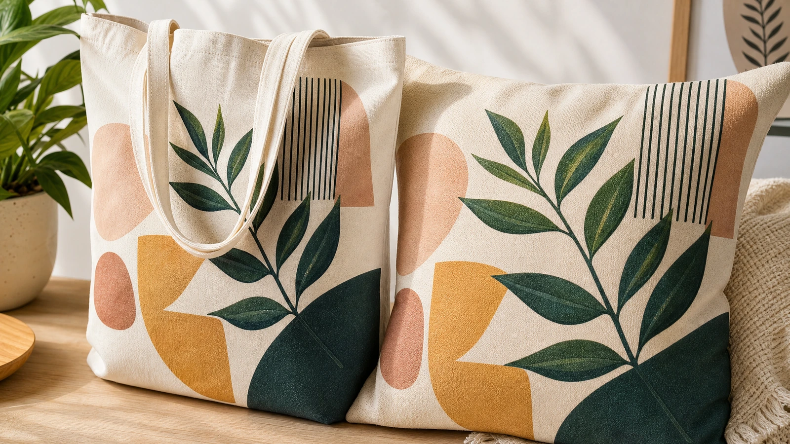 Tas tote kanvas bercetak di samping bantal dengan desain daun dan geometris yang serasi