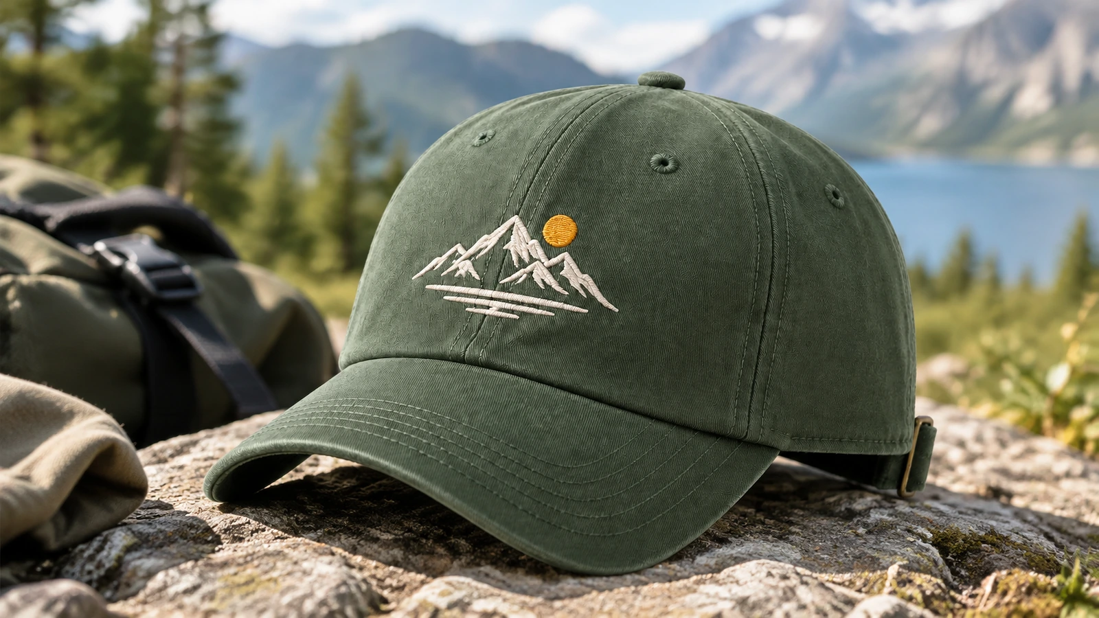 Topi hijau bersulam di samping ransel dengan pemandangan danau dan pegunungan