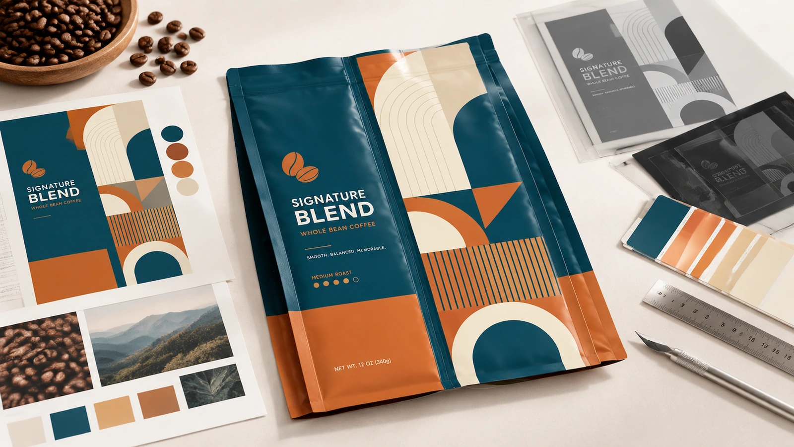 Sampel kemasan kopi berwarna teal dan oranye di samping lembar artwork, biji kopi, dan contoh warna