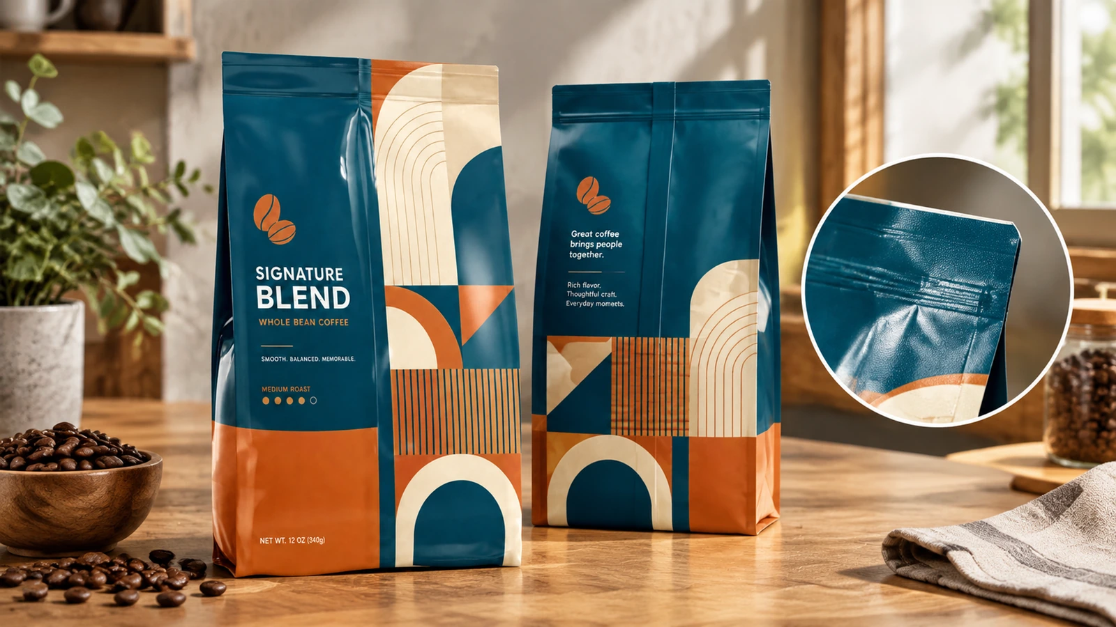 Tampak depan dan belakang kantong kopi, dengan inset detail sisi segel atas