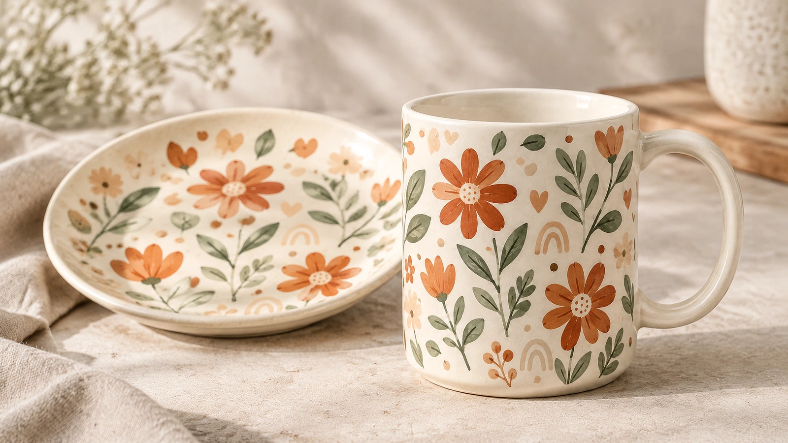 Mug keramik bermotif bunga di samping piring berhias yang serasi