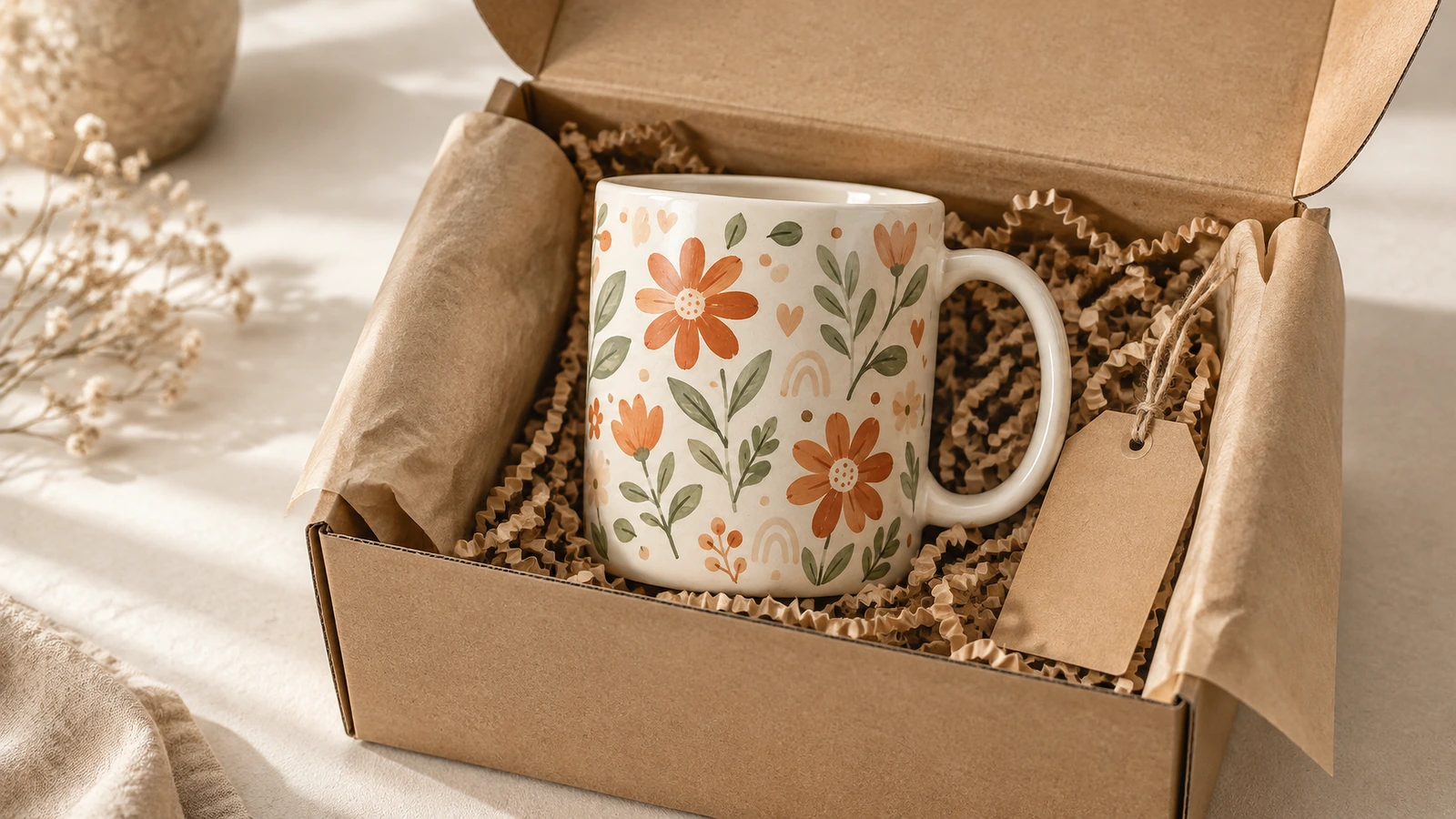 Mug bermotif bunga dalam kotak hadiah karton terbuka dengan bantalan kertas