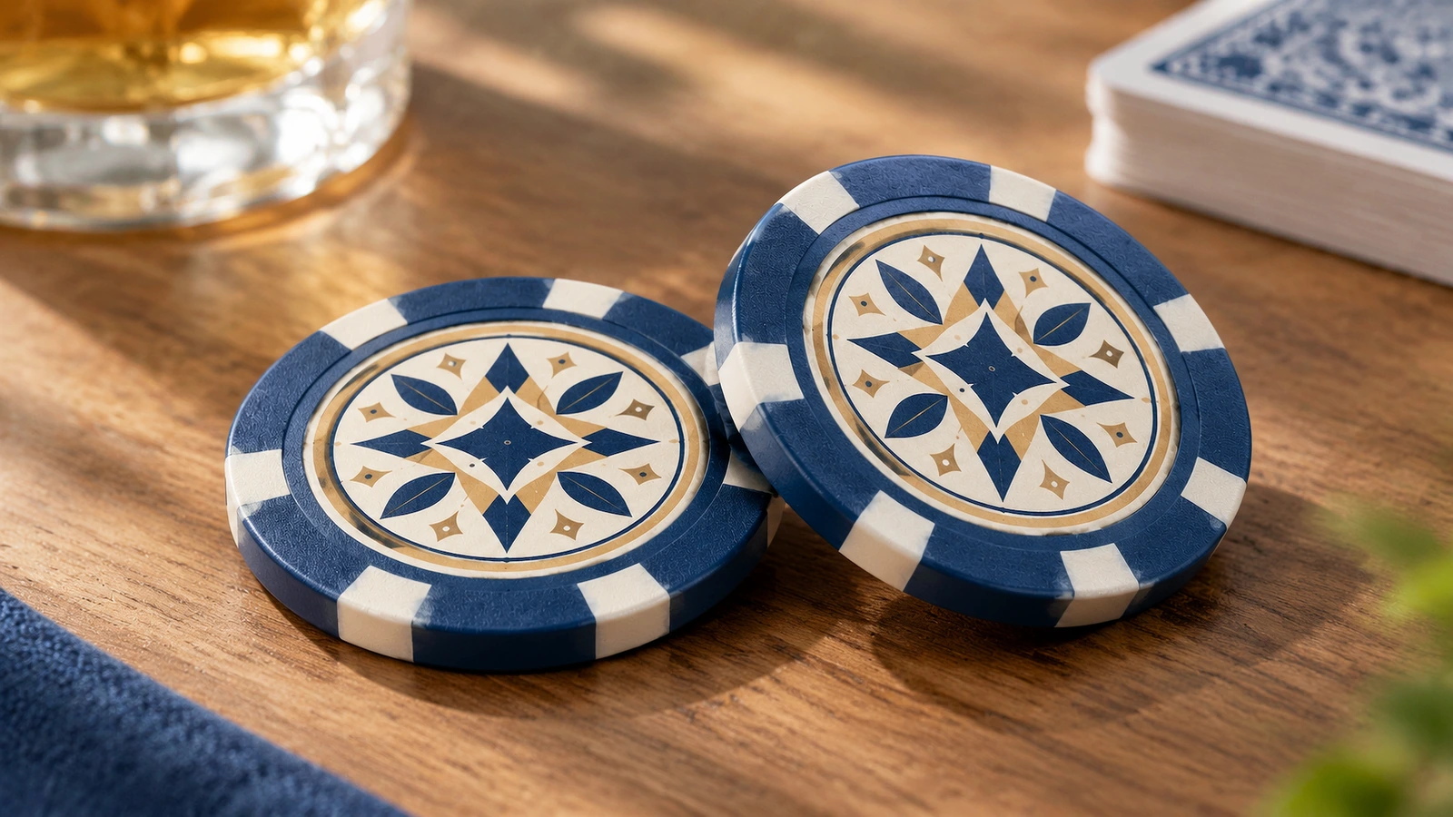 Chip poker di samping kartu main Dua chip poker berdesain geometris di atas meja kayu di samping satu dek kartu