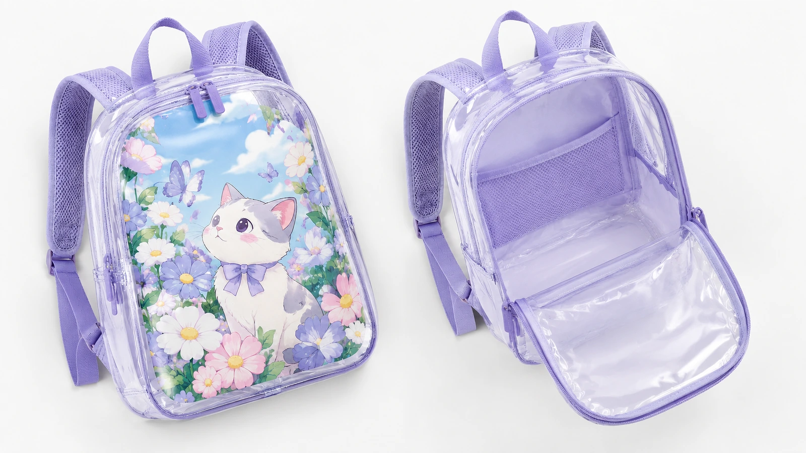 Tampak depan dan terbuka dari ransel transparan dengan aksen ungu dan panel depan bergambar anak kucing dan bunga