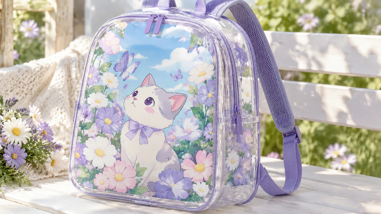 Ransel transparan dengan aksen ungu dan desain anak kucing berbunga di bangku luar ruangan