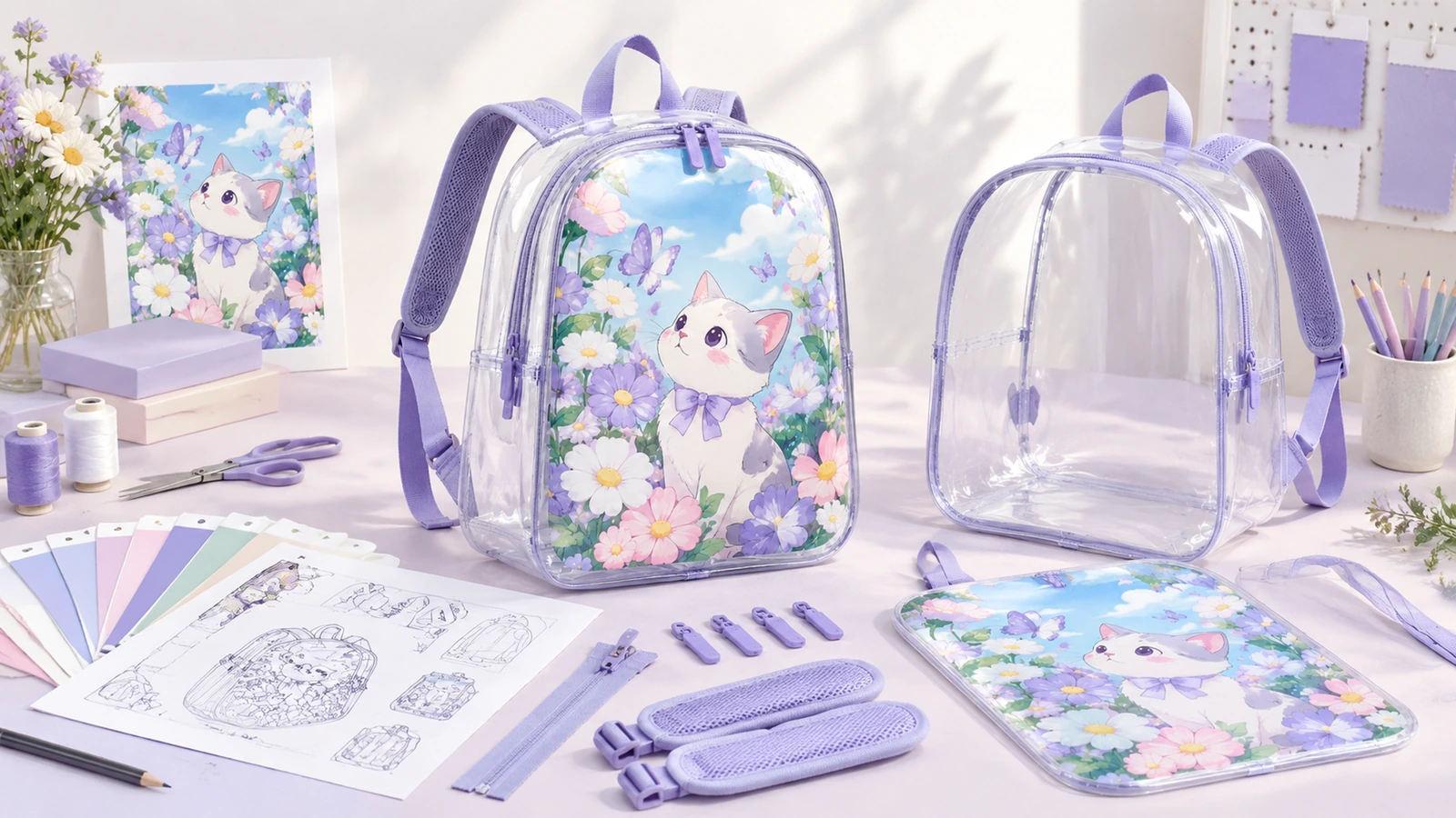 Ransel transparan dengan aksen ungu, desain anak kucing dan bunga, contoh warna, serta komponen contoh di atas meja