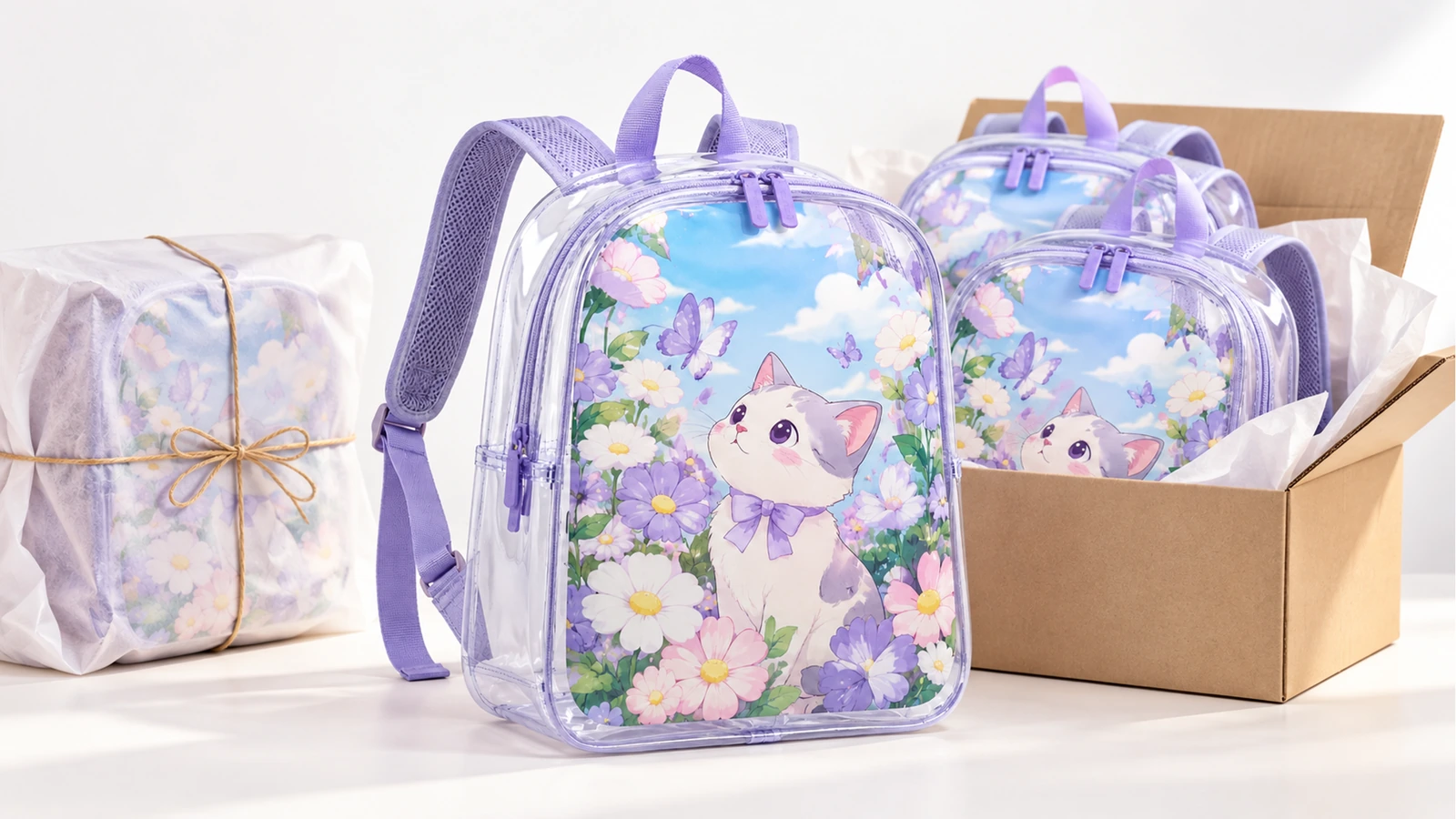 Ransel anak kucing berbunga di samping paket terbungkus dan kardus terbuka